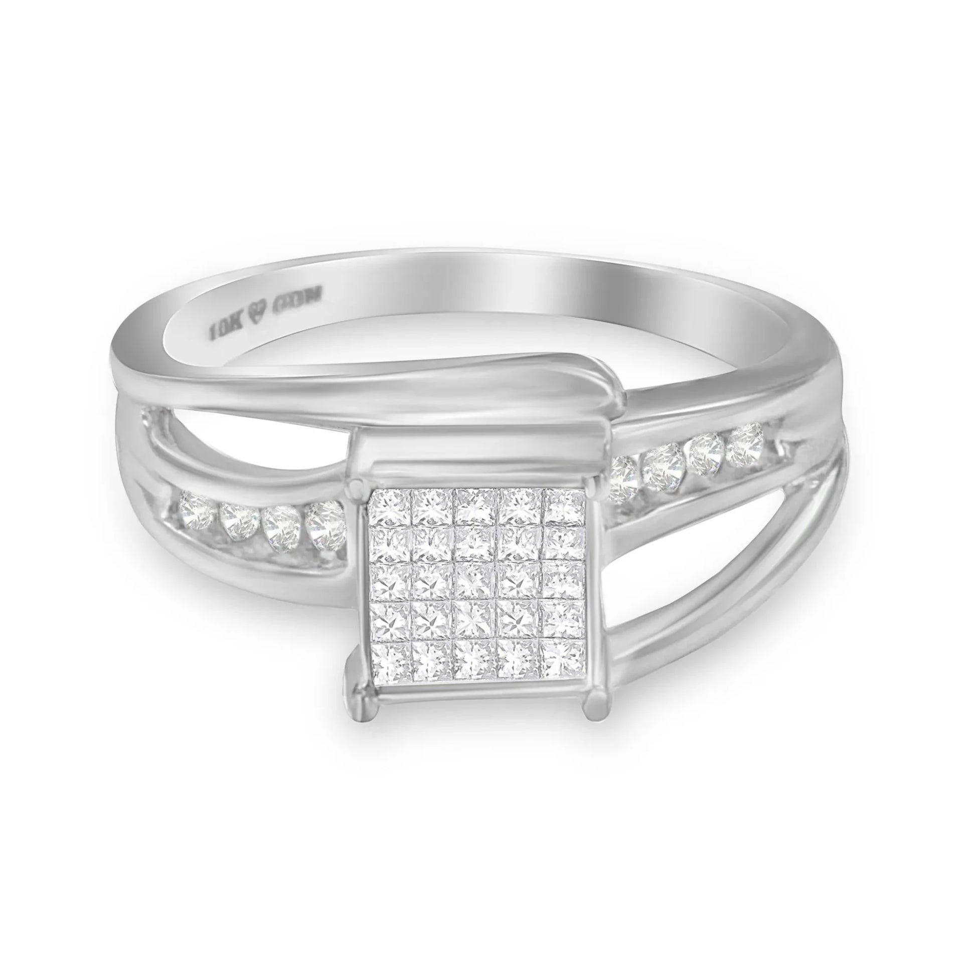 10K White Gold Princess-cut Diamond Cluster Bypass Ring