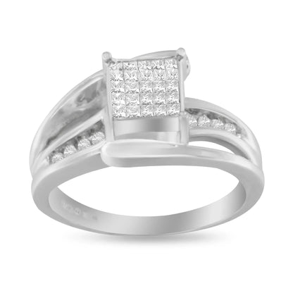 10K White Gold Princess-cut Diamond Cluster Bypass Ring