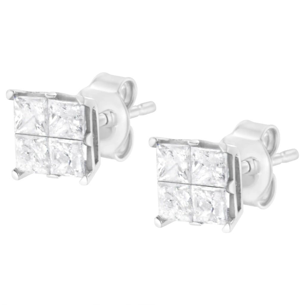 10K White Gold Princess-Cut Diamond Composite Stud Earrings
