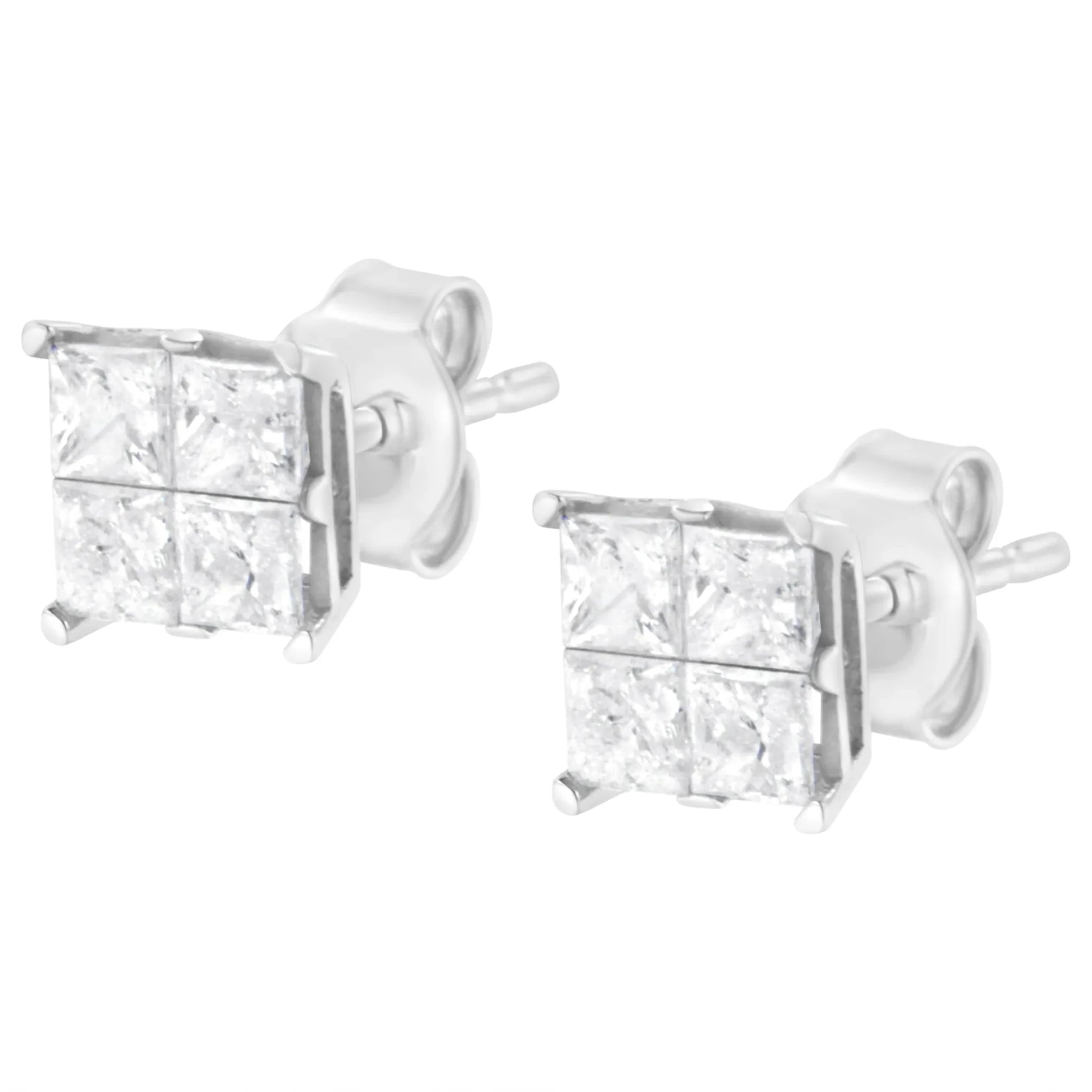 10K White Gold Princess-Cut Diamond Composite Stud Earrings