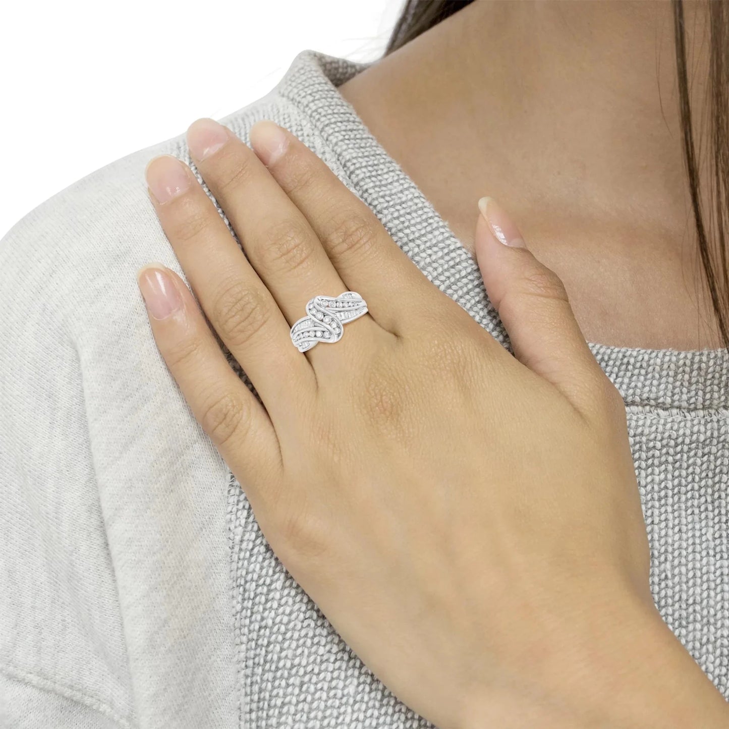 10K White Gold Ring 3/4 Cttw Round - Cut Diamond Bypass Ring (H - I Color, I2 - I3 Clarity) - Nobiliving
