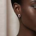 10K Yellow Gold 5X3 MM Pear - Cut Ruby and 1/7 Cttw Diamond Halo Stud Earrings (I - J Color, I1 - I2 Clarity) - Nobiliving