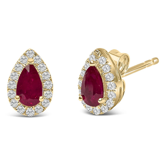 10K Yellow Gold 5X3 MM Pear - Cut Ruby and 1/7 Cttw Diamond Halo Stud Earrings (I - J Color, I1 - I2 Clarity) - Nobiliving