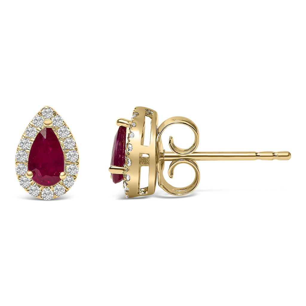 10K Yellow Gold 5X3 MM Pear - Cut Ruby and 1/7 Cttw Diamond Halo Stud Earrings (I - J Color, I1 - I2 Clarity) - Nobiliving