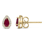 10K Yellow Gold 5X3 MM Pear - Cut Ruby and 1/7 Cttw Diamond Halo Stud Earrings (I - J Color, I1 - I2 Clarity) - Nobiliving