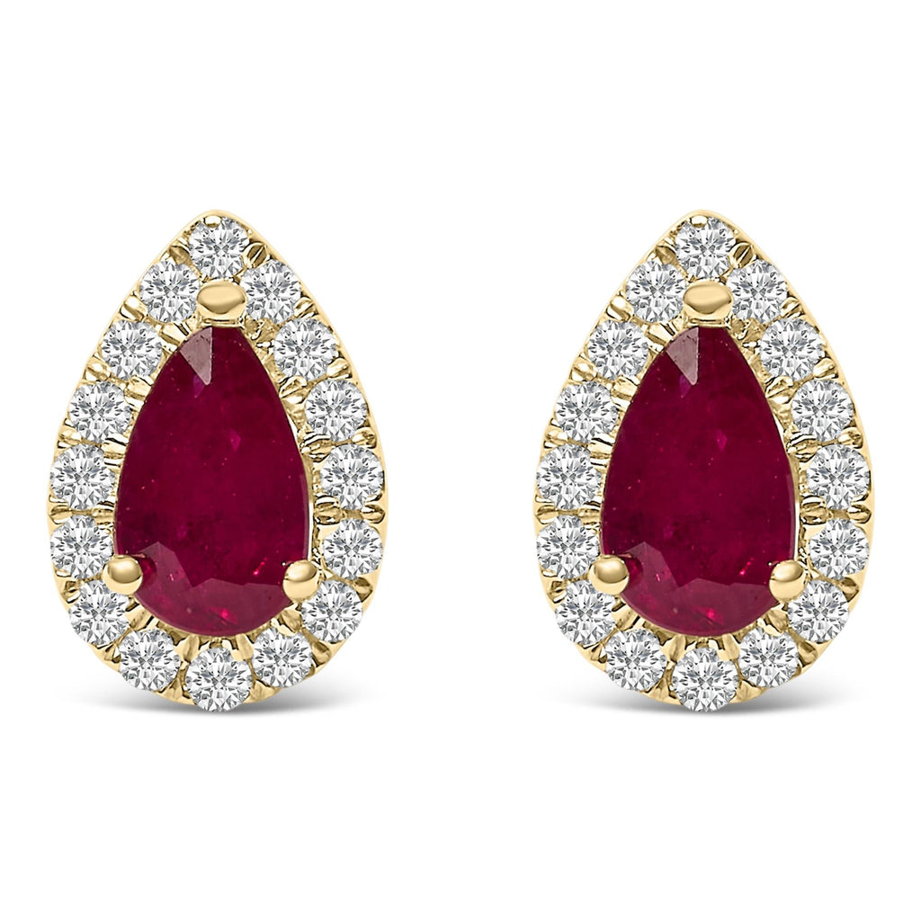 10K Yellow Gold 5X3 MM Pear - Cut Ruby and 1/7 Cttw Diamond Halo Stud Earrings (I - J Color, I1 - I2 Clarity) - Nobiliving