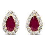 10K Yellow Gold 5X3 MM Pear - Cut Ruby and 1/7 Cttw Diamond Halo Stud Earrings (I - J Color, I1 - I2 Clarity) - Nobiliving