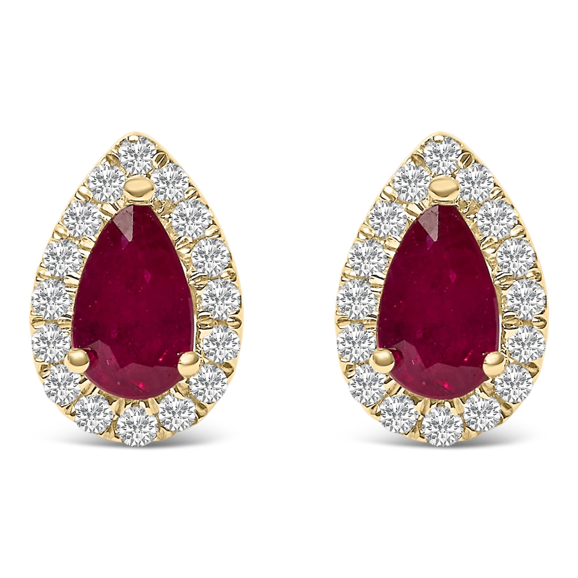 10K Yellow Gold 5X3 MM Pear - Cut Ruby and 1/7 Cttw Diamond Halo Stud Earrings (I - J Color, I1 - I2 Clarity) - Nobiliving