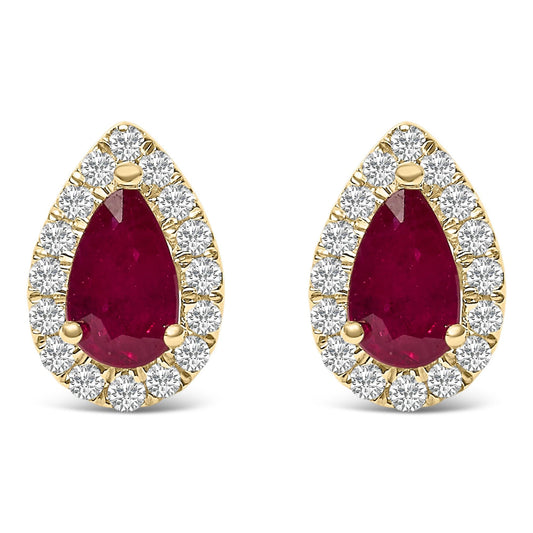 10K Yellow Gold 5X3 MM Pear - Cut Ruby and 1/7 Cttw Diamond Halo Stud Earrings (I - J Color, I1 - I2 Clarity) - Nobiliving