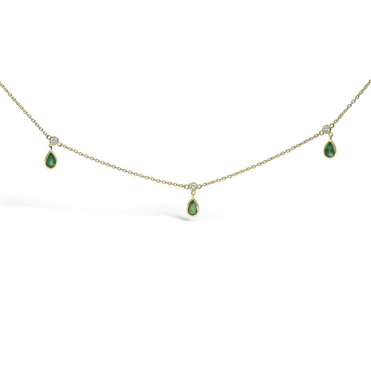 10K Yellow Gold Dangling 5x3 mm Green Emerald and Diamond Station Necklace - 18" Inches - Nobiliving