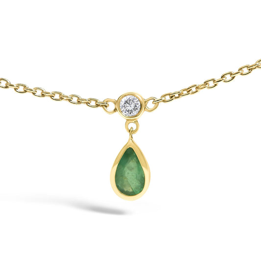 10K Yellow Gold Dangling 5x3 mm Green Emerald and Diamond Station Necklace - 18" Inches - Nobiliving