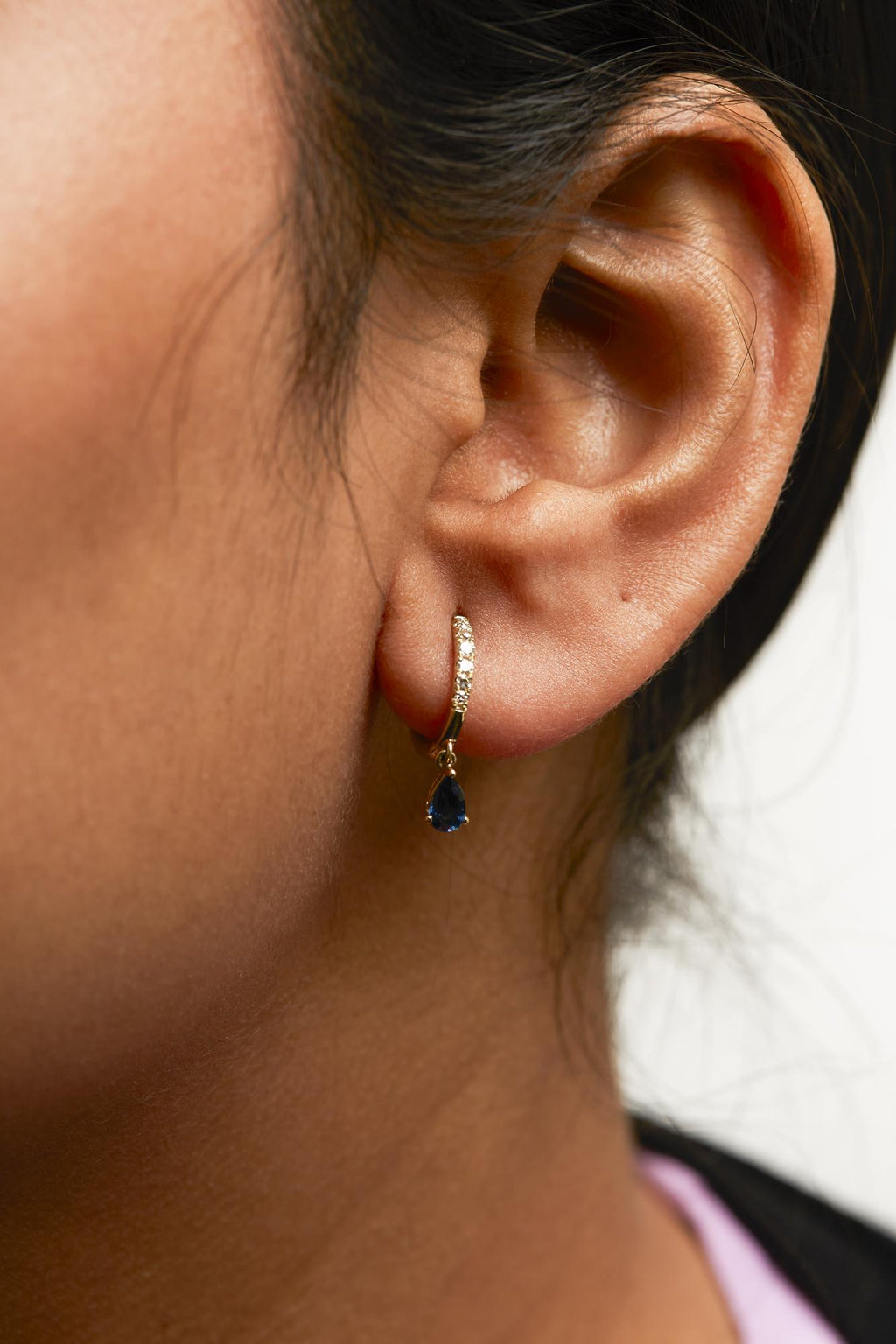 10K Yellow Gold Pear Blue Sapphire Diamond Drop and Dangle Huggy Hoop Earrings - Nobiliving