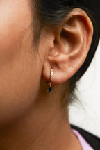 10K Yellow Gold Pear Blue Sapphire Diamond Drop and Dangle Huggy Hoop Earrings - Nobiliving