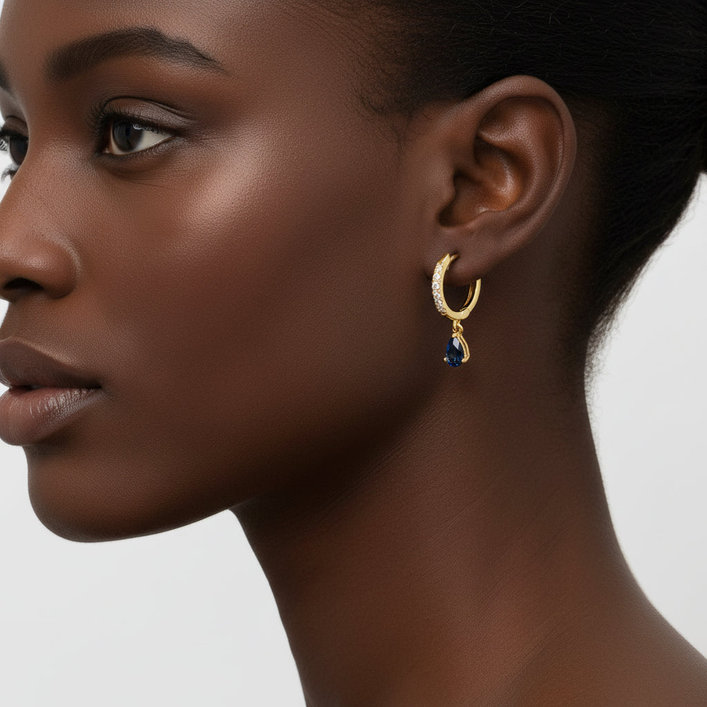 10K Yellow Gold Pear Blue Sapphire Diamond Drop and Dangle Huggy Hoop Earrings - Nobiliving