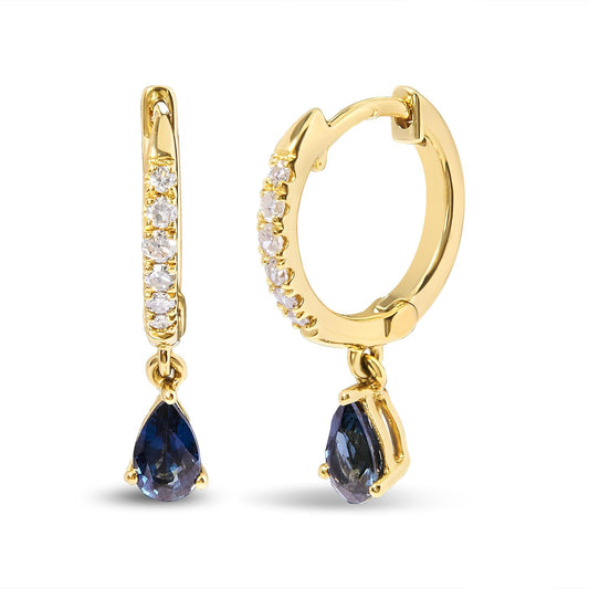 10K Yellow Gold Pear Blue Sapphire Diamond Drop and Dangle Huggy Hoop Earrings - Nobiliving
