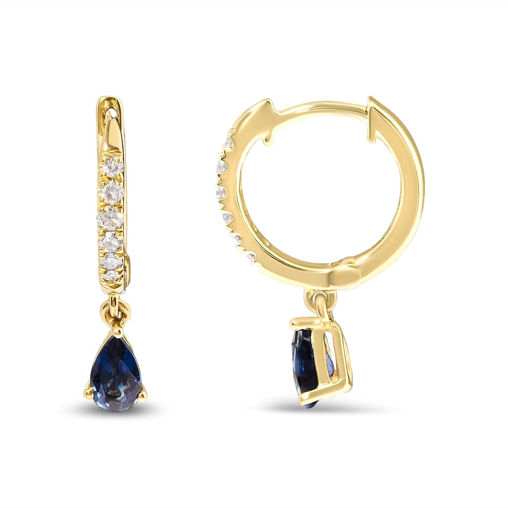 10K Yellow Gold Pear Blue Sapphire Diamond Drop and Dangle Huggy Hoop Earrings - Nobiliving