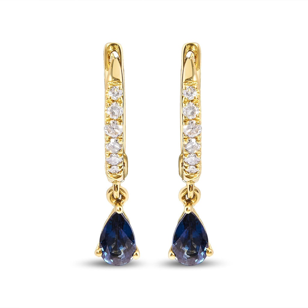 10K Yellow Gold Pear Blue Sapphire Diamond Drop and Dangle Huggy Hoop Earrings - Nobiliving