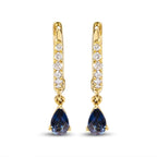10K Yellow Gold Pear Blue Sapphire Diamond Drop and Dangle Huggy Hoop Earrings - Nobiliving