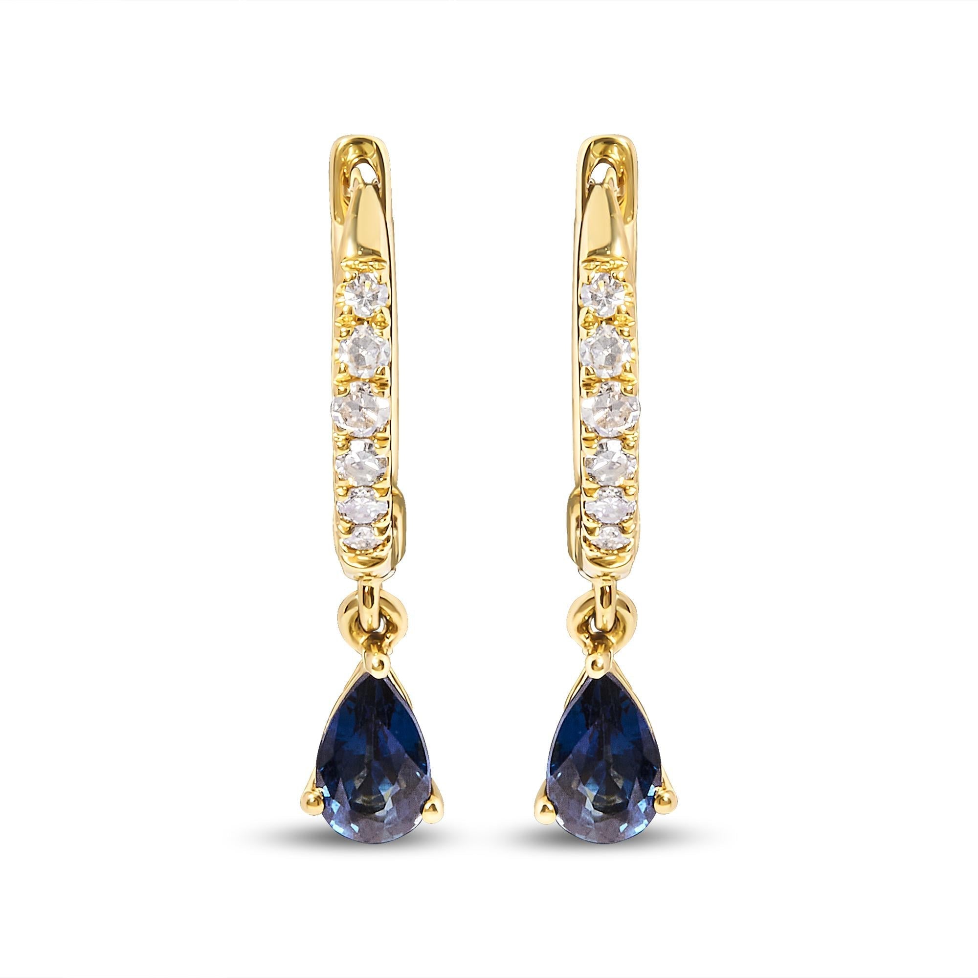 10K Yellow Gold Pear Blue Sapphire Diamond Drop and Dangle Huggy Hoop Earrings - Nobiliving