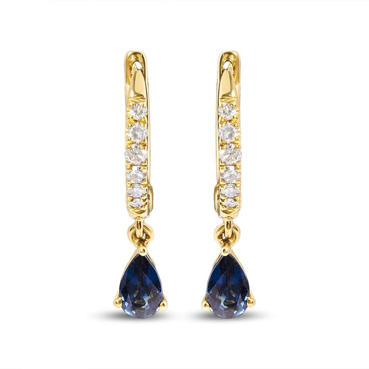10K Yellow Gold Pear Blue Sapphire Diamond Drop and Dangle Huggy Hoop Earrings - Nobiliving