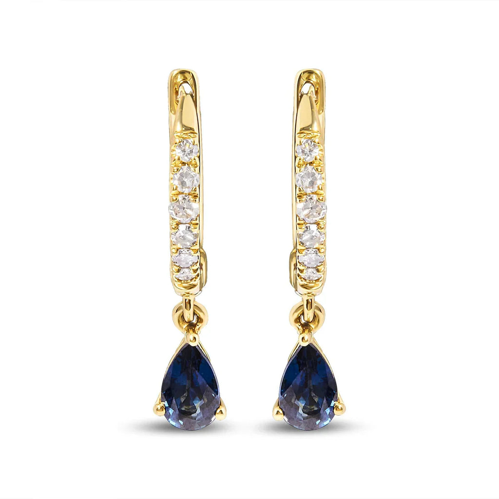 10K Yellow Gold Pear Blue Sapphire Diamond Drop and Dangle Huggy Hoop Earrings