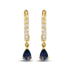 10K Yellow Gold Pear Blue Sapphire Diamond Drop and Dangle Huggy Hoop Earrings