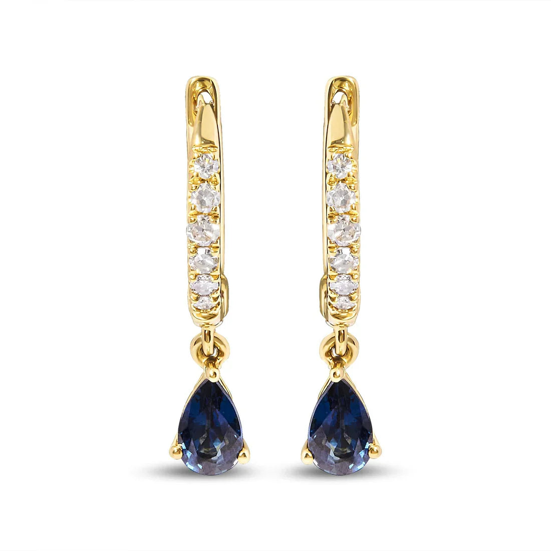 10K Yellow Gold Pear Blue Sapphire Diamond Drop and Dangle Huggy Hoop Earrings