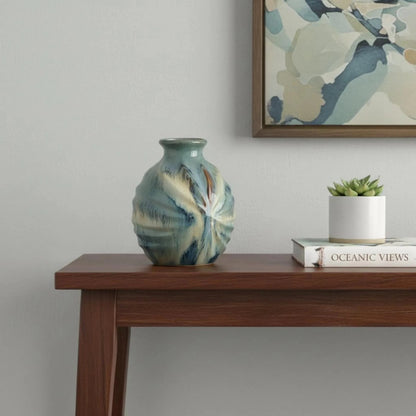 11 - Inch Blue Beige and Brown Abstract Round Ceramic Table Vase - Nobiliving