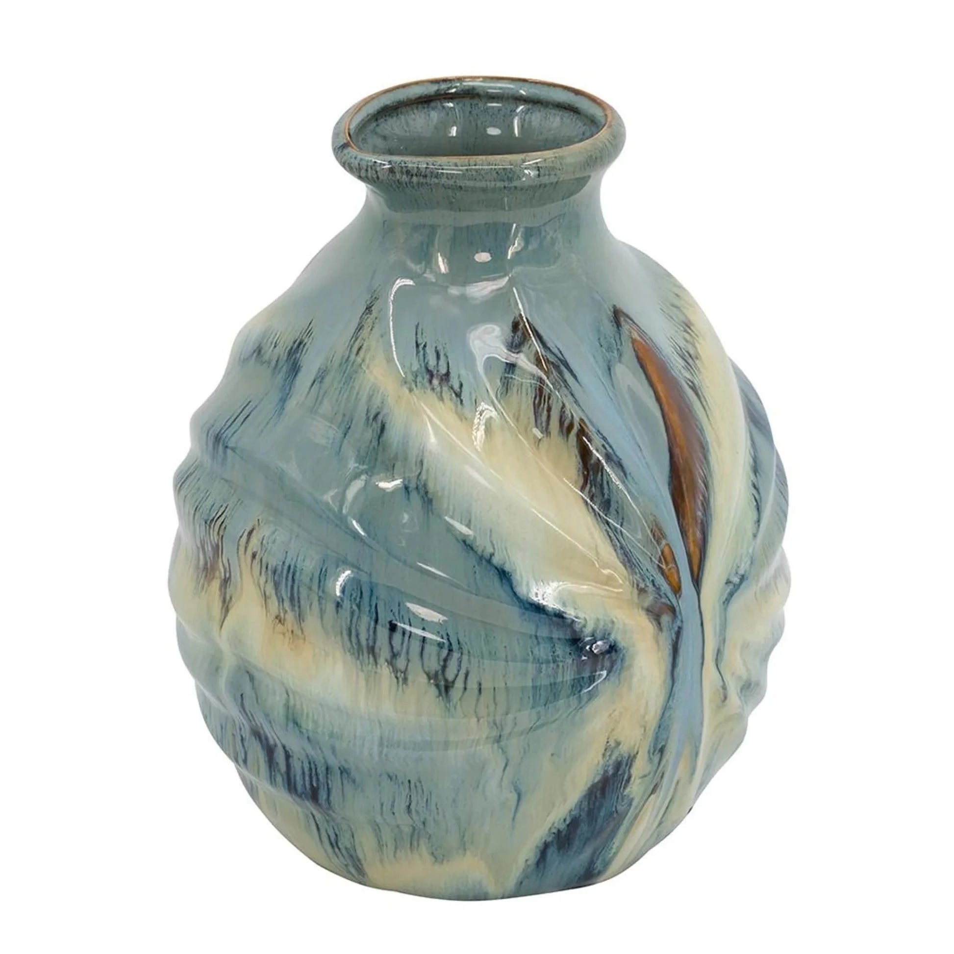 11 - Inch Blue Beige and Brown Abstract Round Ceramic Table Vase - Nobiliving