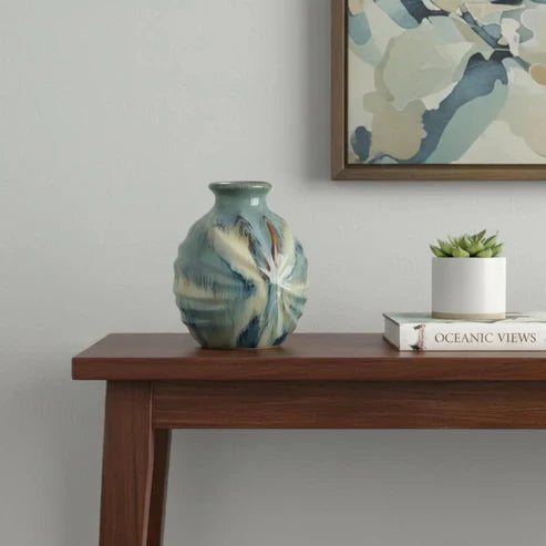 11-Inch Blue Beige and Brown Abstract Round Ceramic Table Vase