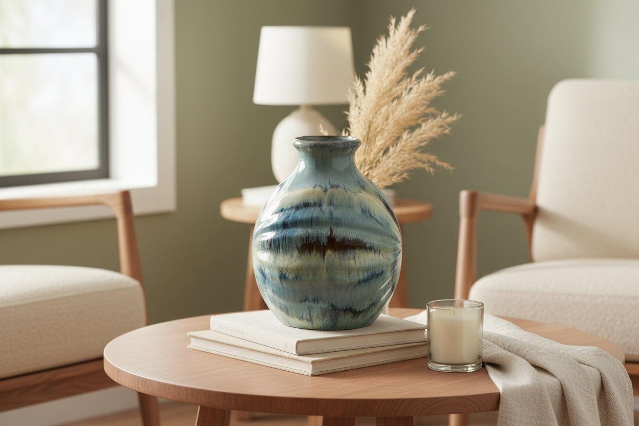 11 - Inch Blue Beige and Brown Abstract Round Ceramic Table Vase - Nobiliving