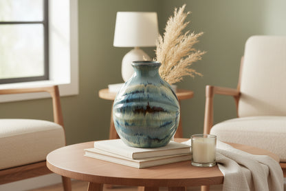 11 - Inch Blue Beige and Brown Abstract Round Ceramic Table Vase - Nobiliving