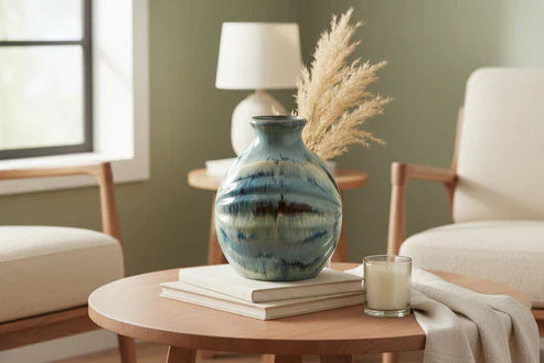 11-Inch Blue Beige and Brown Abstract Round Ceramic Table Vase