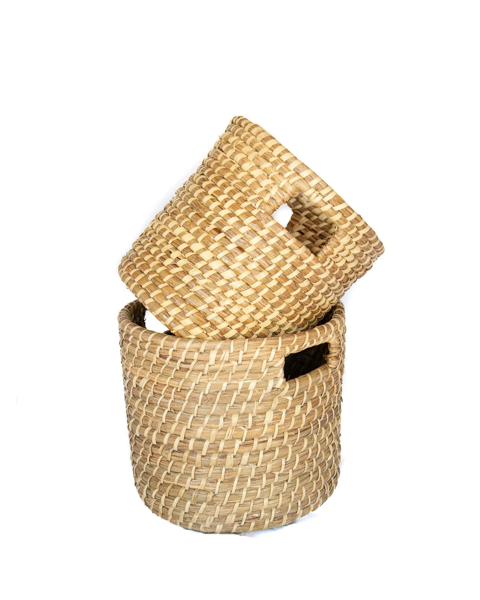 Tall Woven Baskets with Handles Set - Handwoven out of latania palm leaves