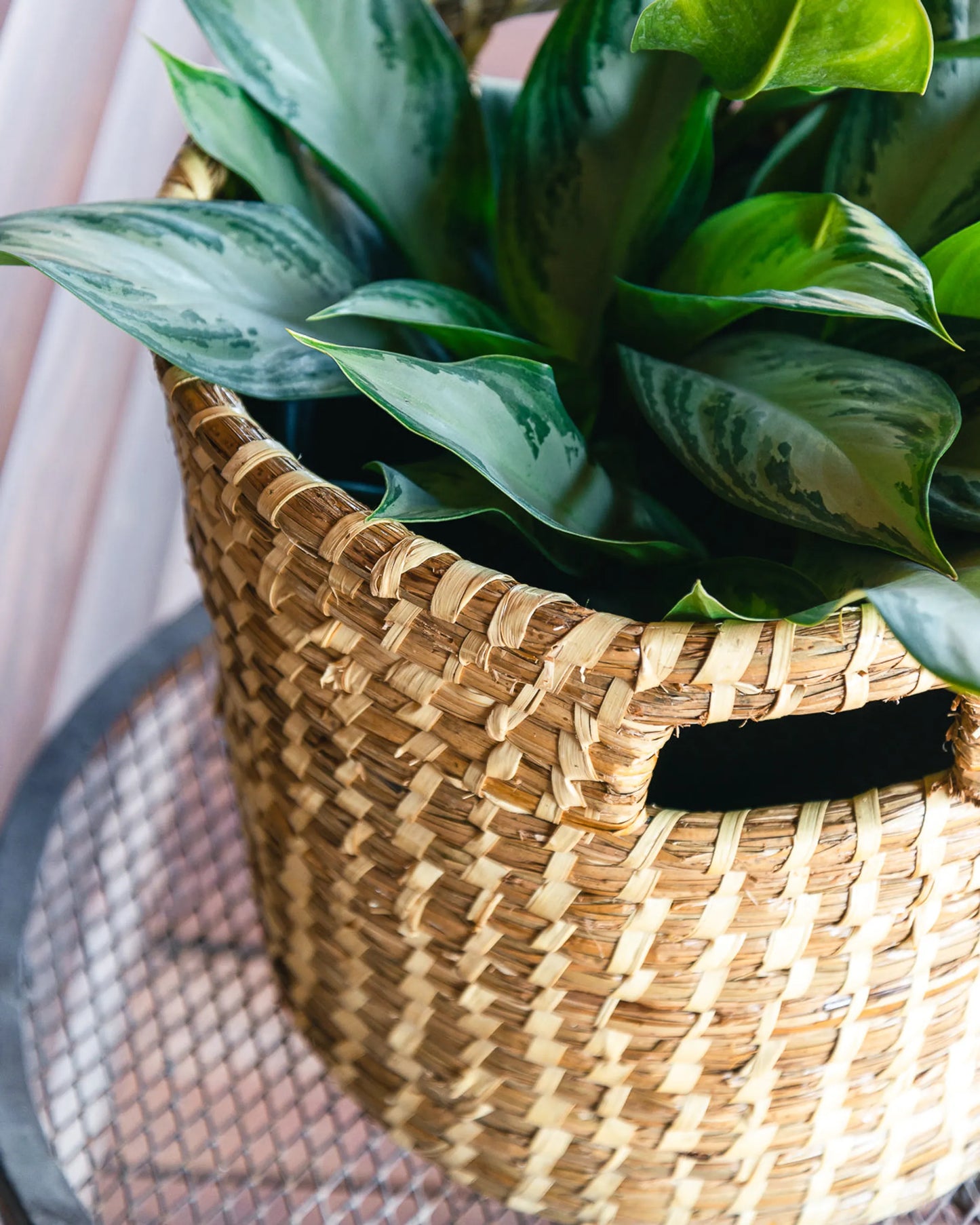 Tall Woven Baskets with Handles Set close up