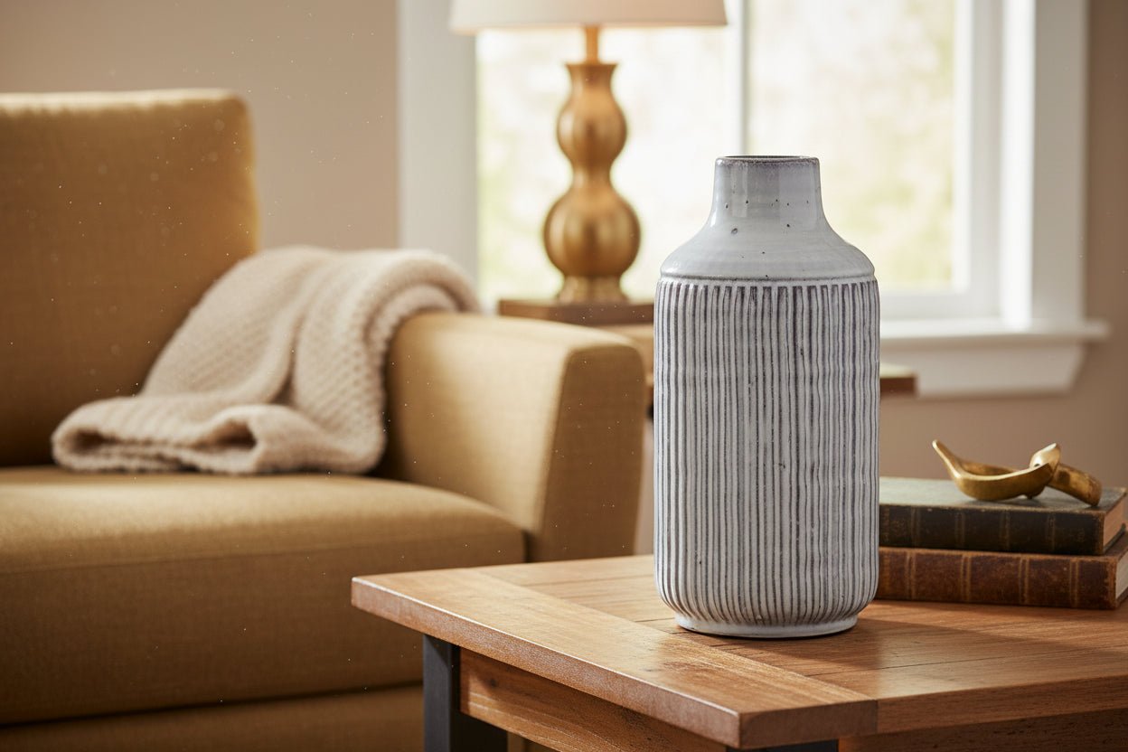 12" White and Brown Ribbed Cylinder Terracotta Table Vase