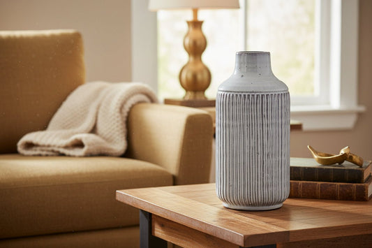 12" White and Brown Ribbed Cylinder Terracotta Table Vase