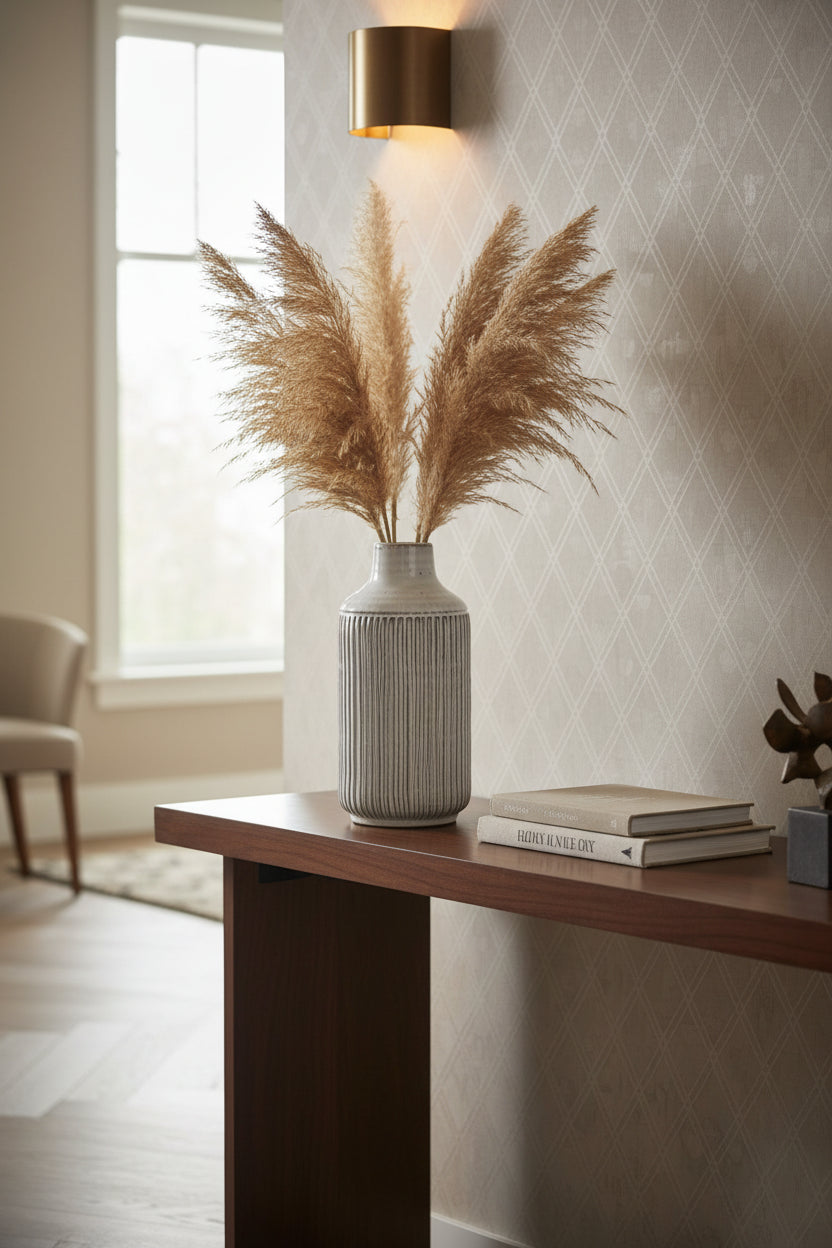 12" White and Brown Ribbed Cylinder Terracotta Table Vase