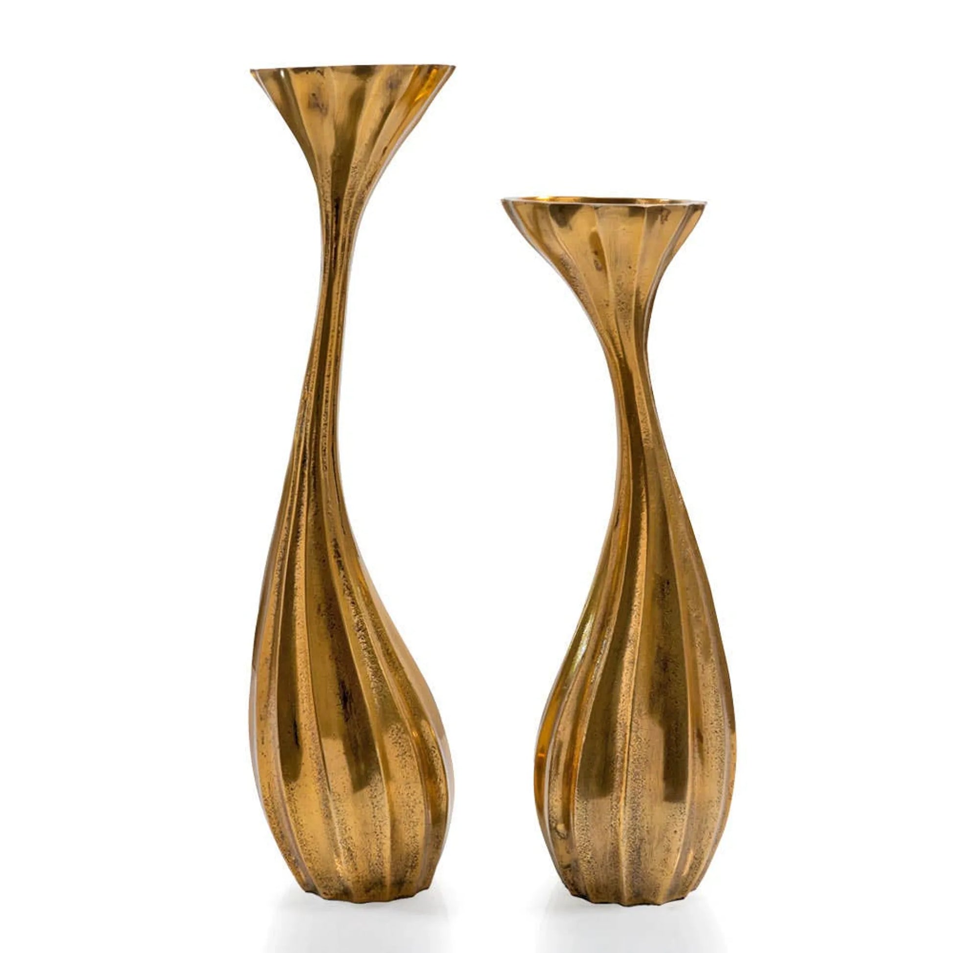 Tulipan Wavy Pillar Candleholders is crafted from sturdy cast aluminum and finished with an elegant epl gold plating