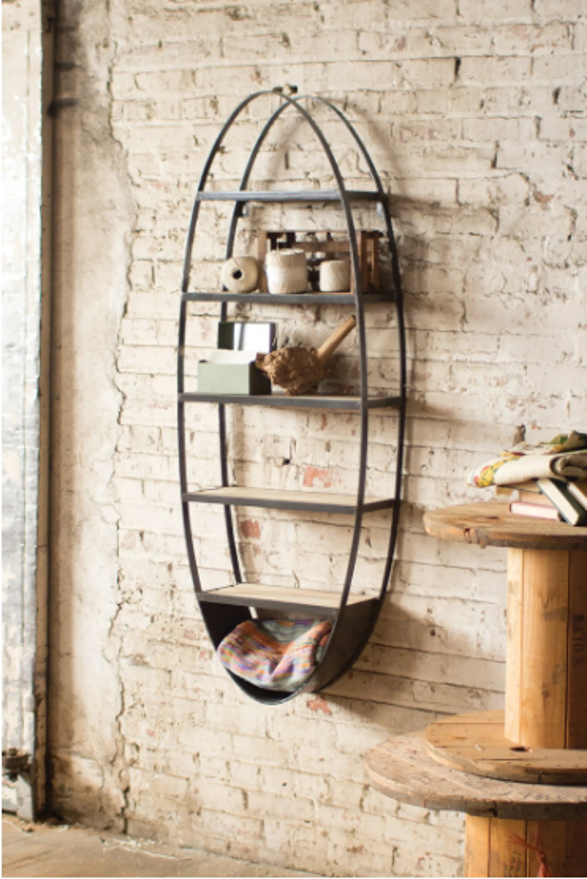 Metal and Wood Oval Wall Shelf 22" X 8.5" X 60"T