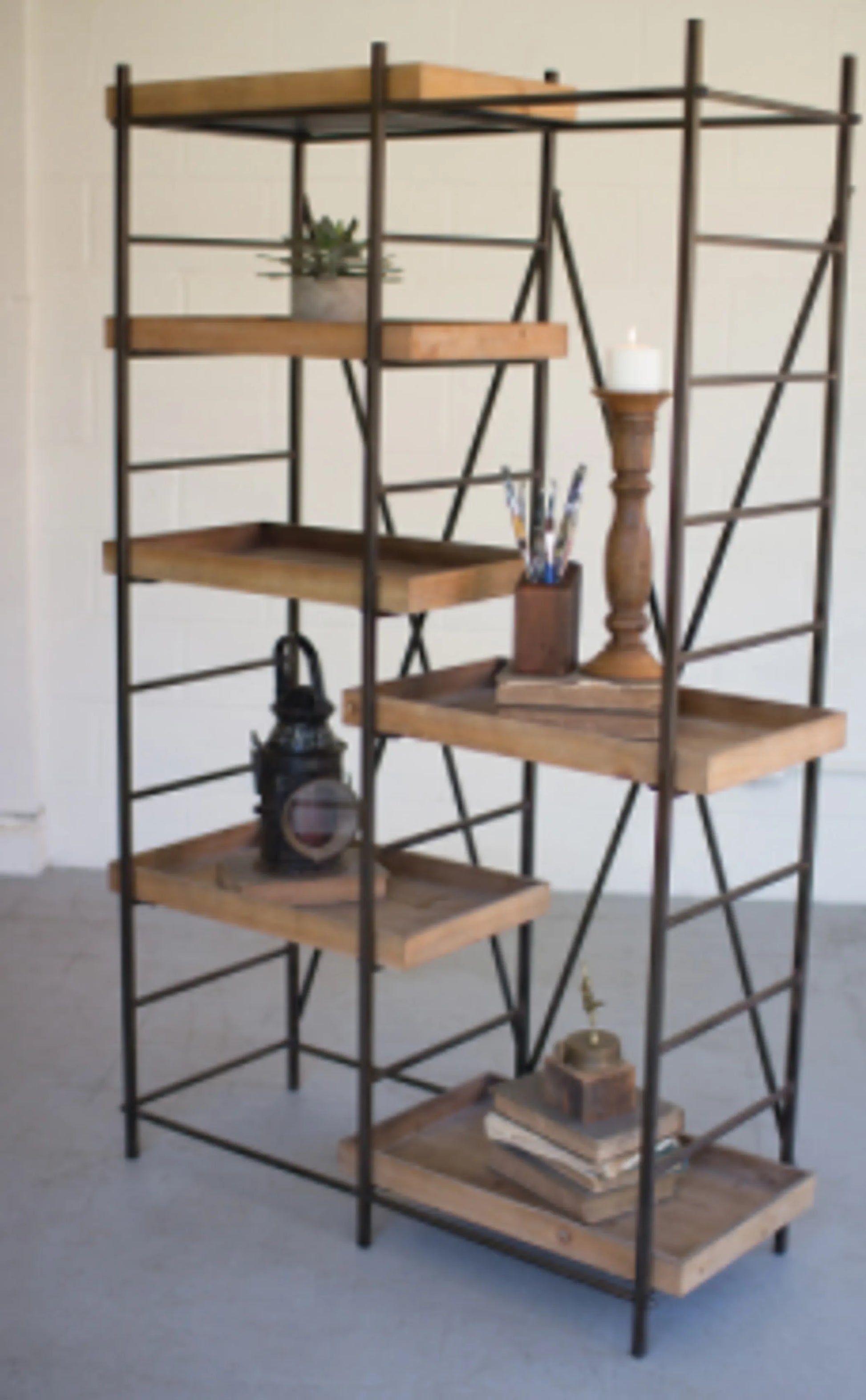 Iron Shelving Unit W/ Six Adjustable Wooden Shelves