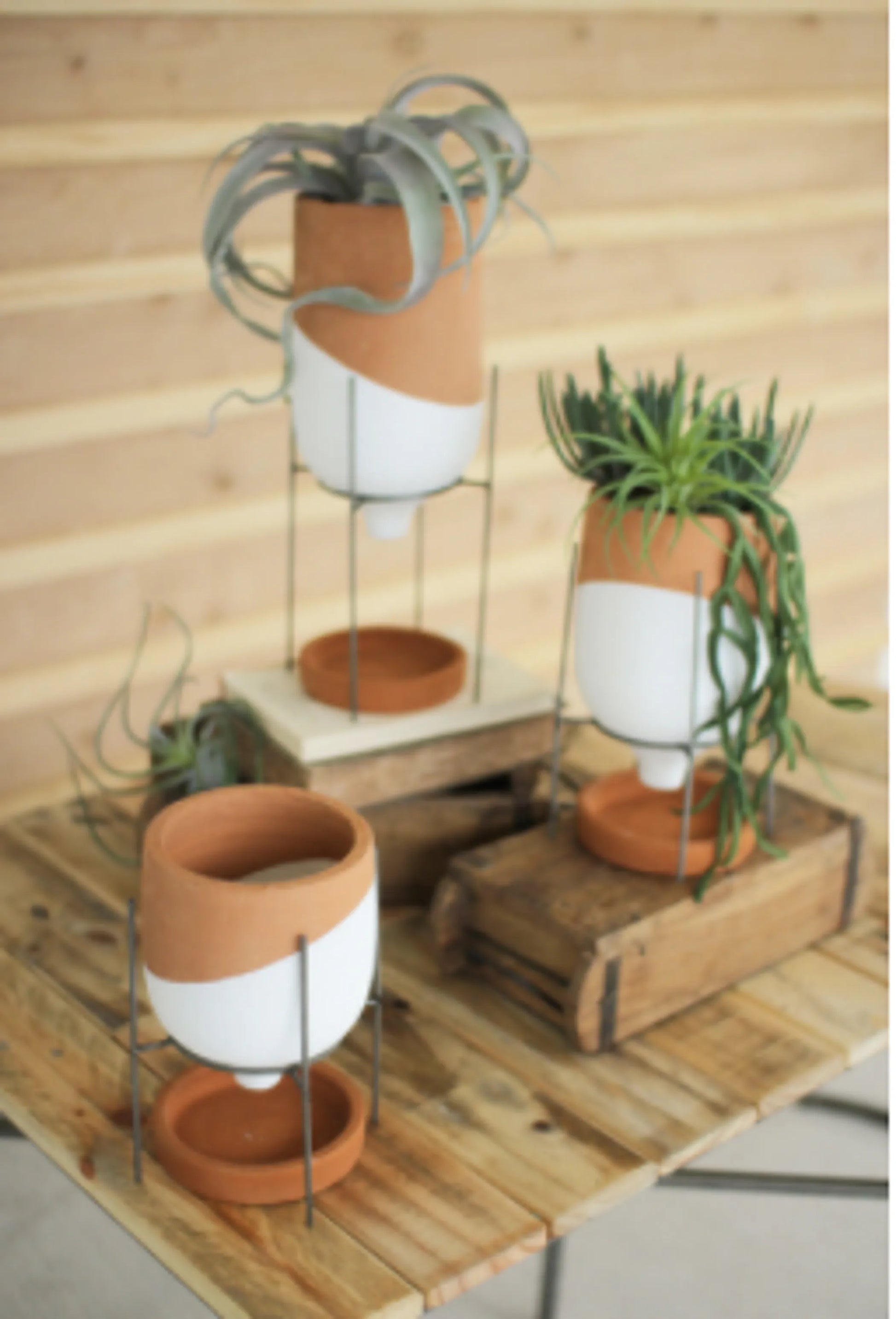 Natural and White Clay Pots on Wire Stands | Set of Three