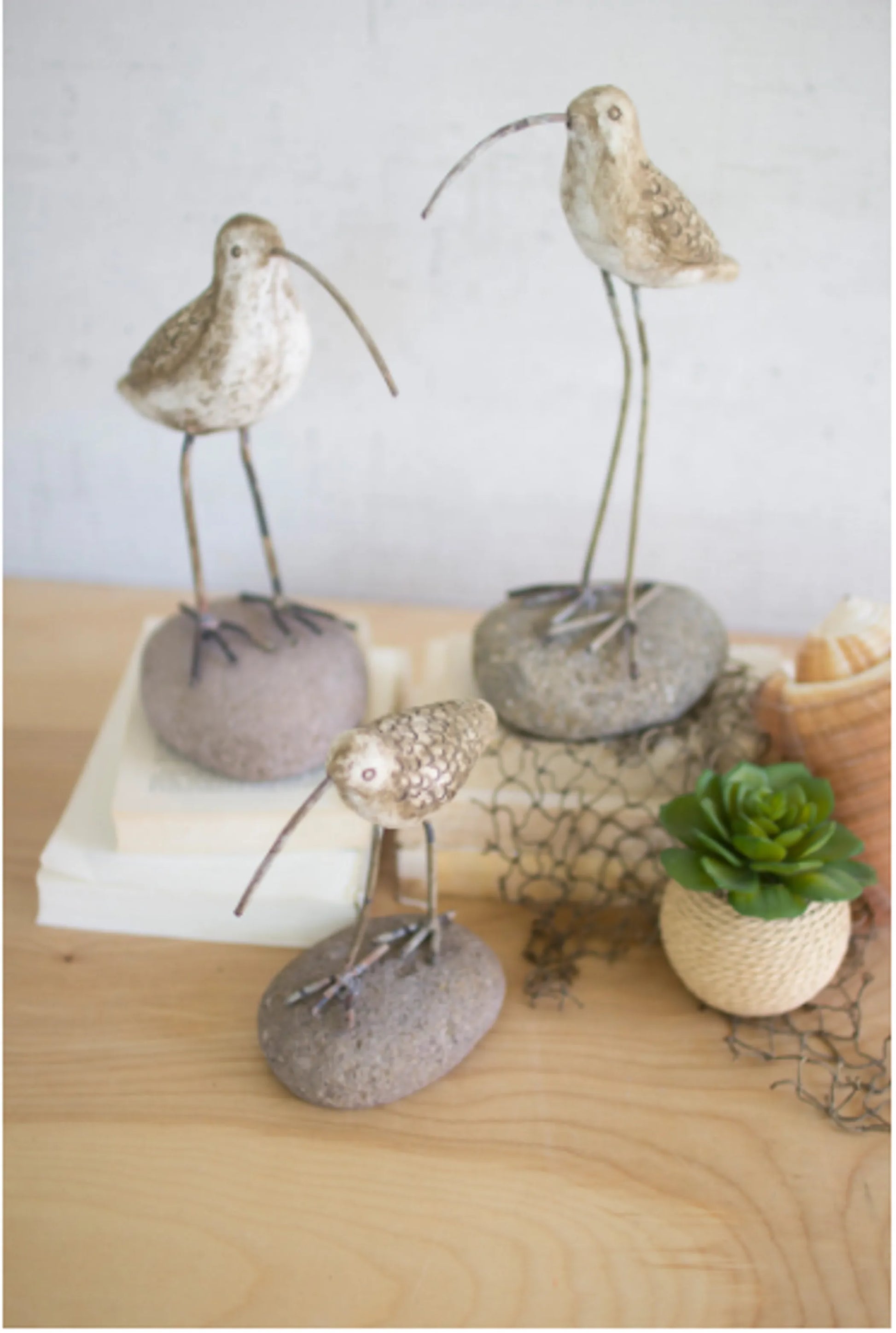 Painted Clay Shore Birds On Rock Bases | Set of Three