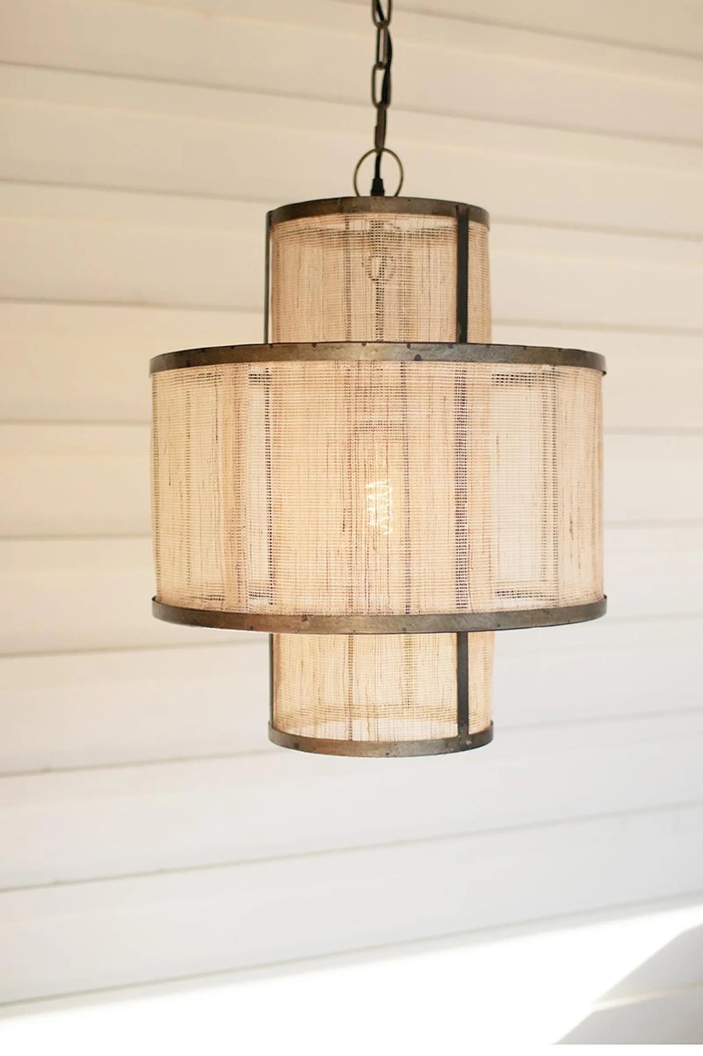 Woven Fiber and Metal Pendant Light - Round Double Layered
