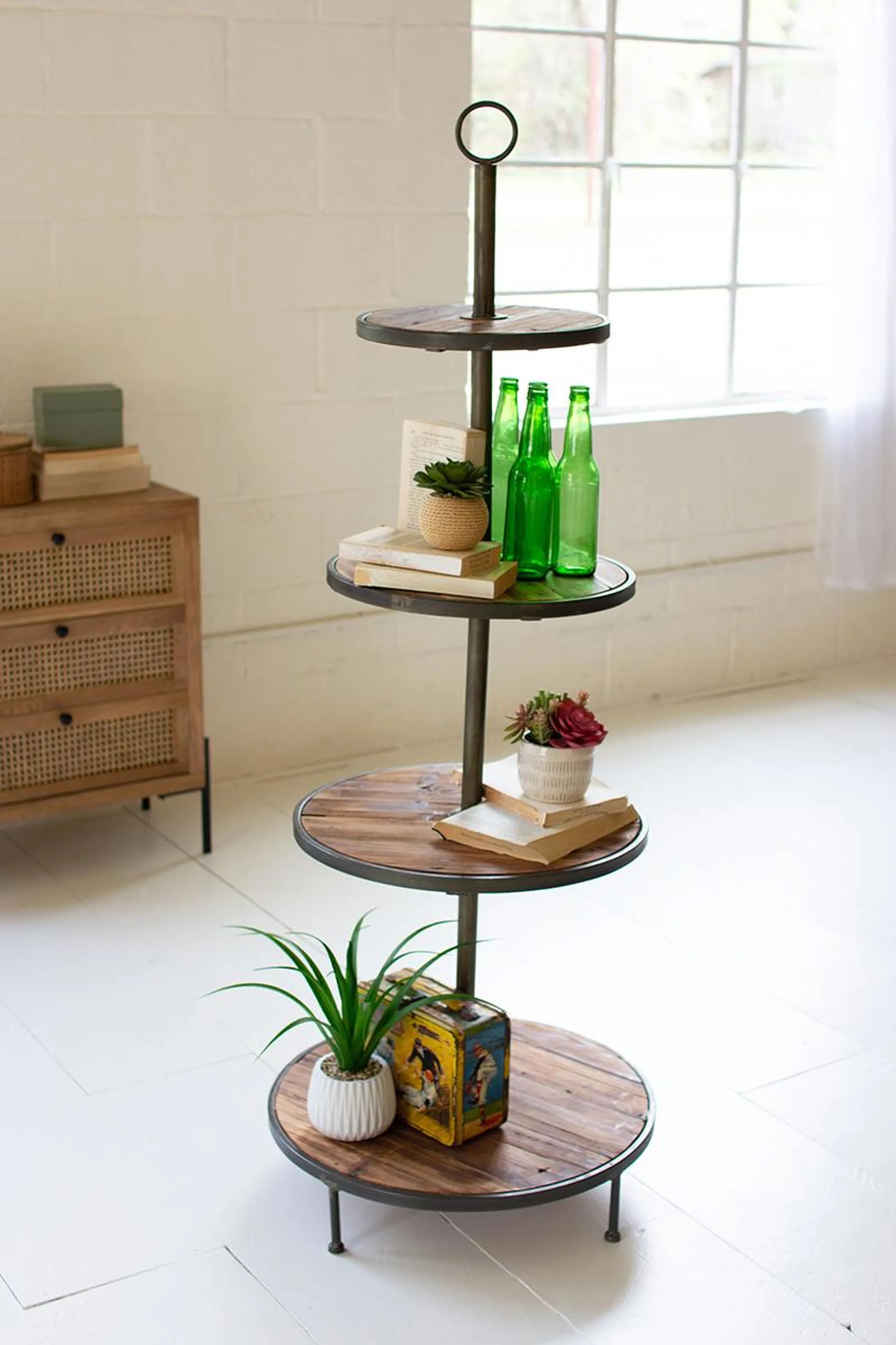 Four-Tiered Recycled Wood and Metal Display Tower