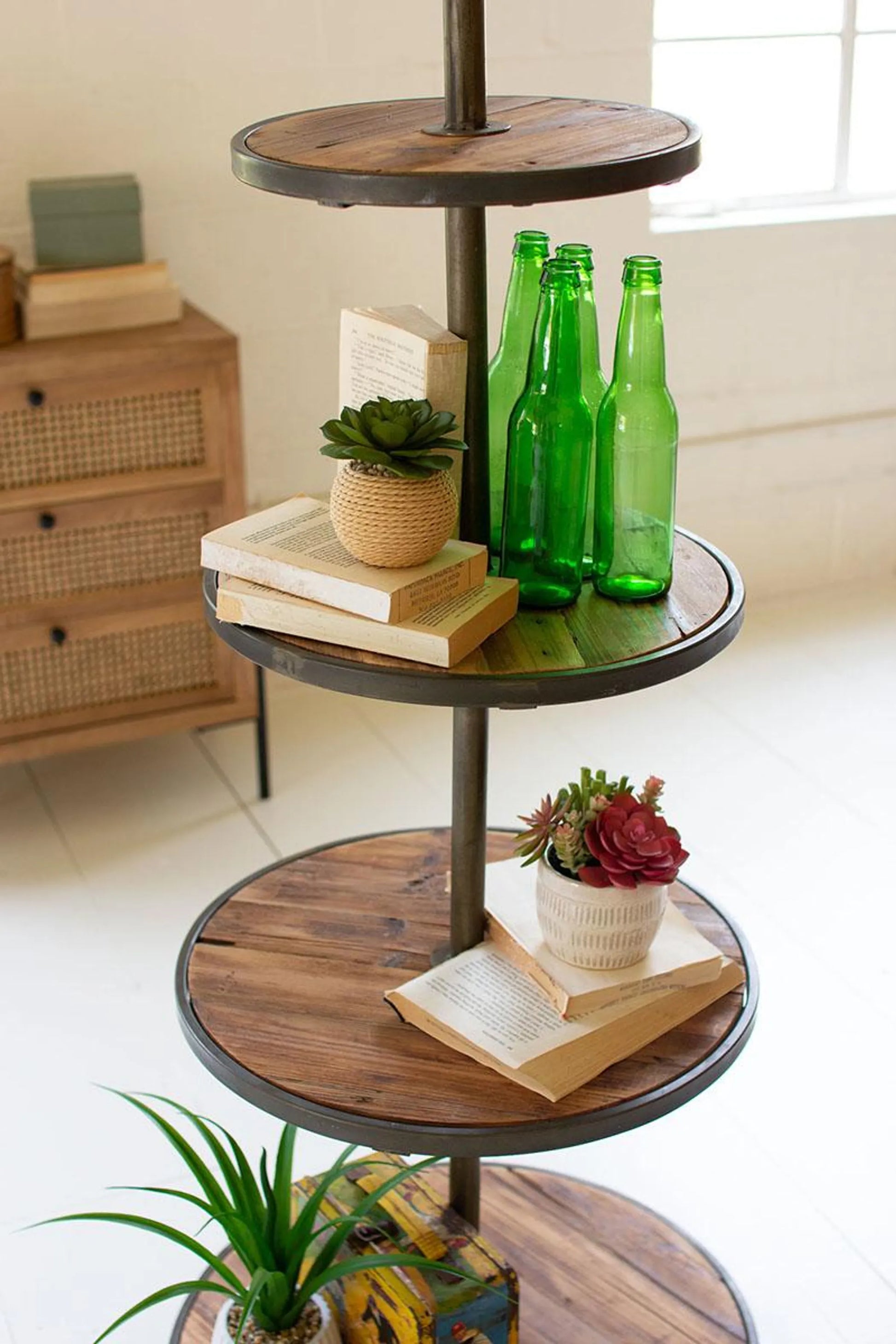 Four-Tiered Recycled Wood and Metal Display Tower