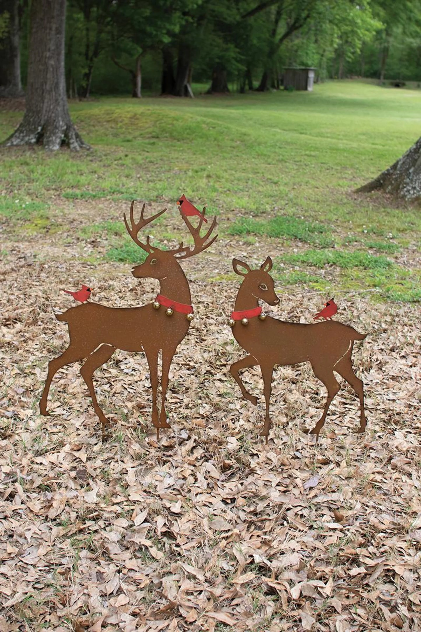 Rustic Reindeer Yard Art with Red Birds - Set of 2