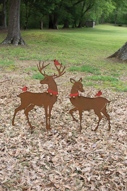 Rustic Reindeer Yard Art with Red Birds - Set of 2