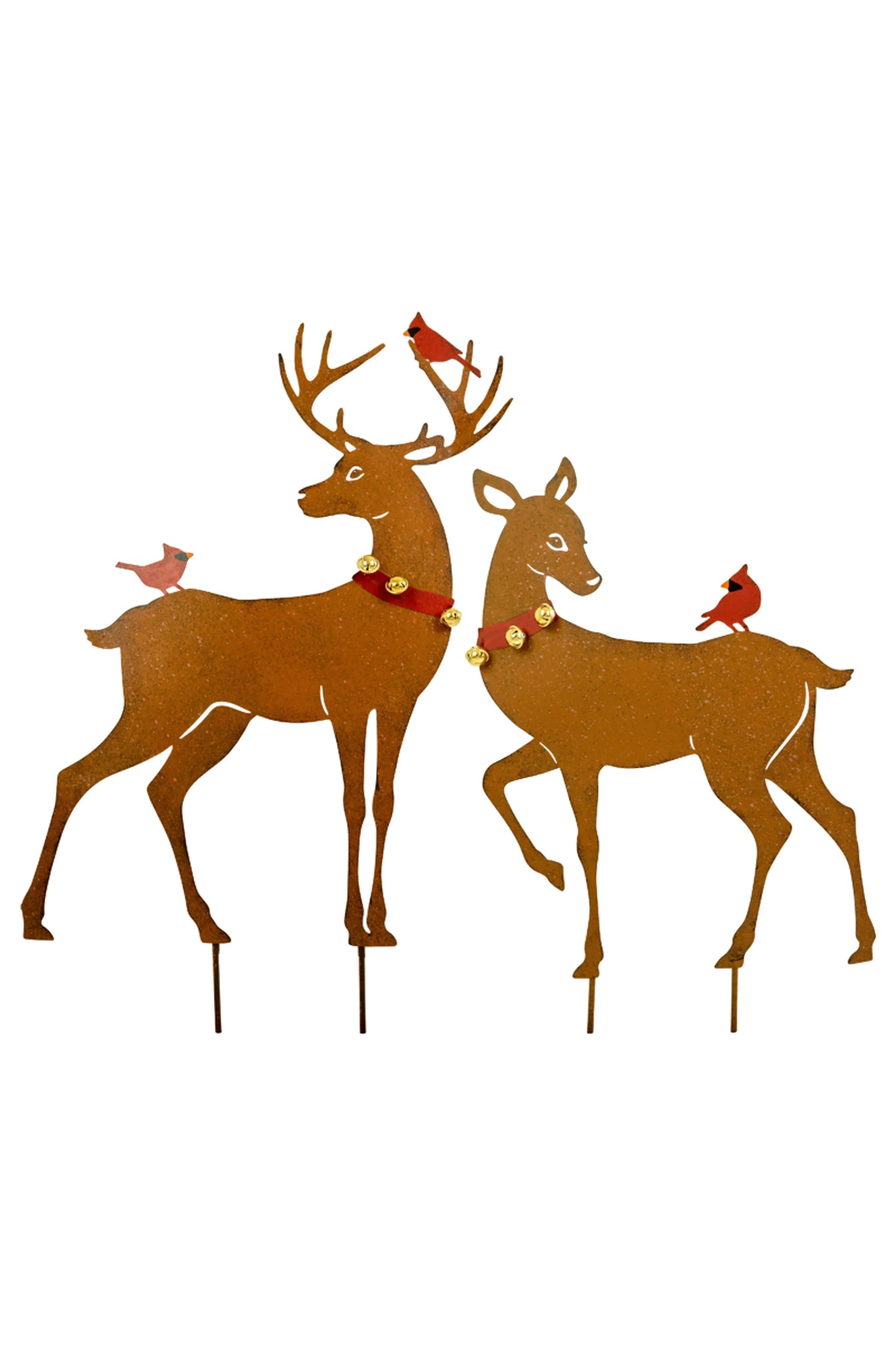 Rustic Reindeer Yard Art with Red Birds - Set of 2