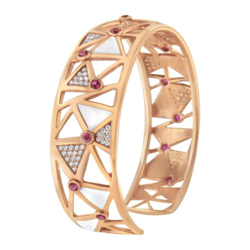 14K Rose Gold 5/8 Cttw Diamond with Pink Tourmaline Open Cuff Bangle